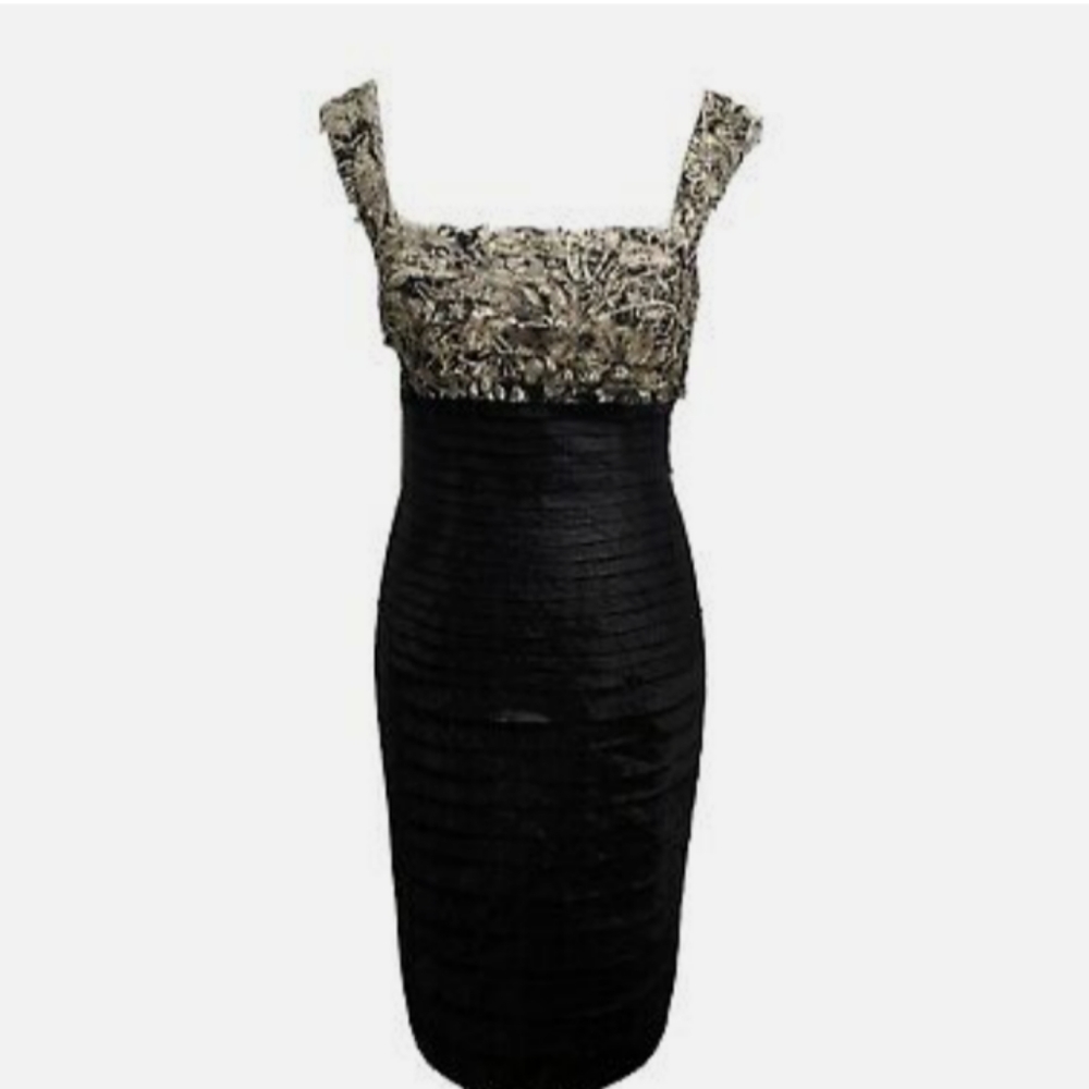 JS COLLECTIONS Cream Black Sheath Dress Layered Ruffles-size 16
